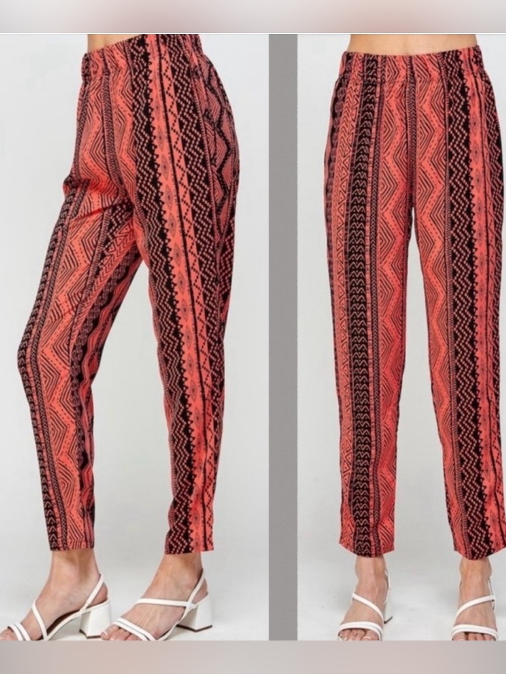 Ambiance Apparel Women's Coral & Black Aztec Print Elastic Waist Pants, NEW